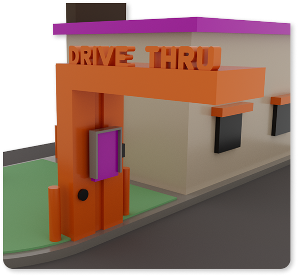 3D render of the Dunkin' drive-thru kiosk under an orange Drive Thru canopy