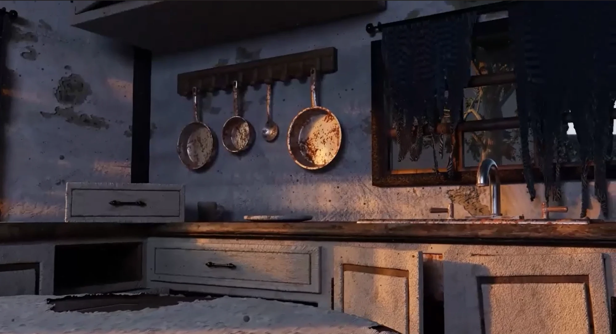 3D render of a weathered kitchen with rusted pans, a sink, and light through a curtained window