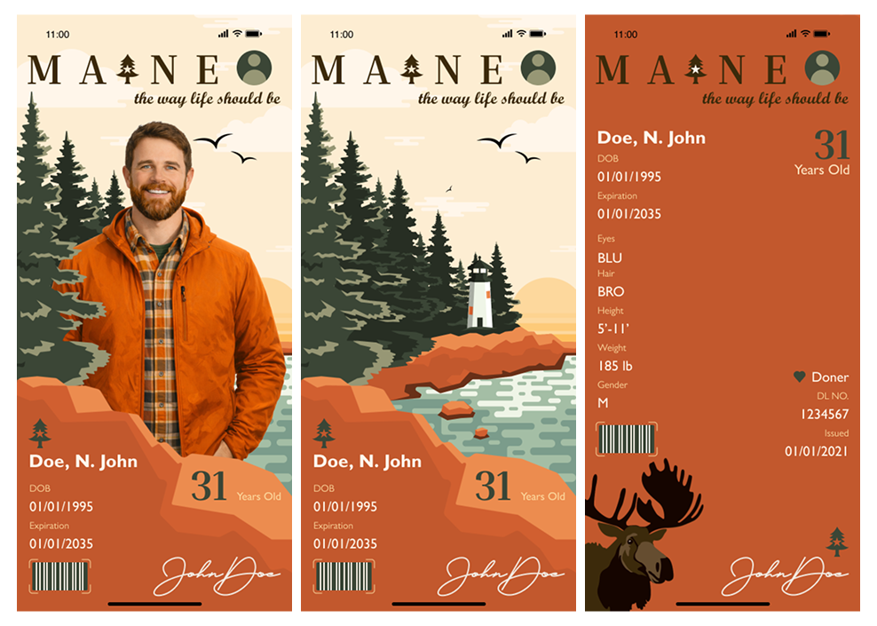 Style 1, Postcard: three ID screens with illustrated Maine landscape in warm orange tones