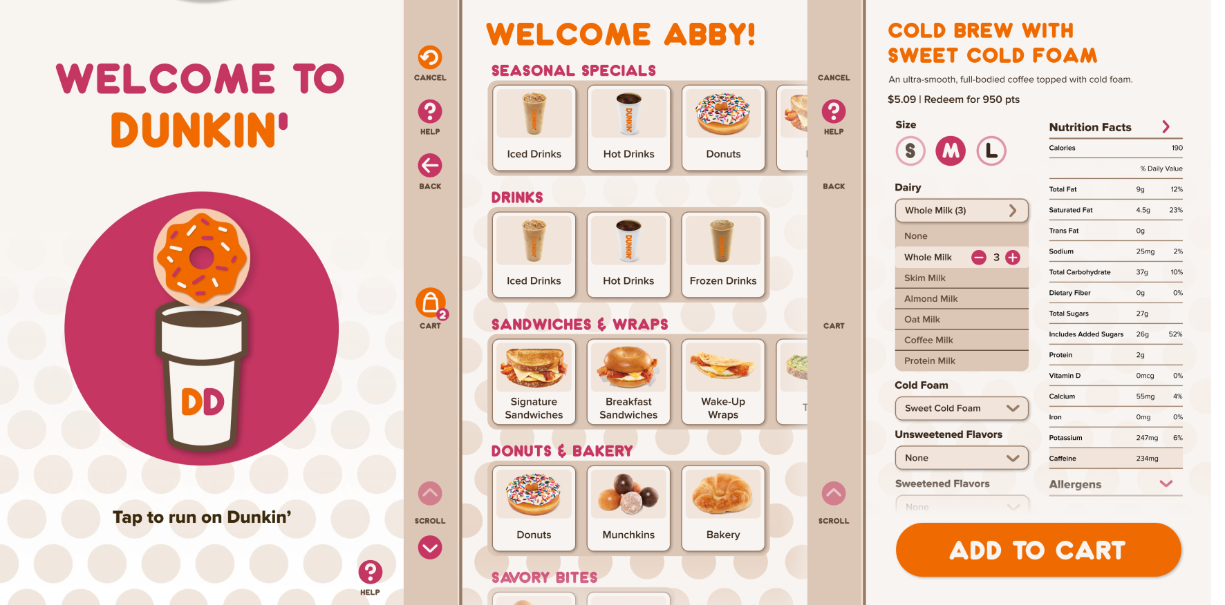 Dunkin' drive-thru kiosk screens: welcome, menu, and cold brew customization