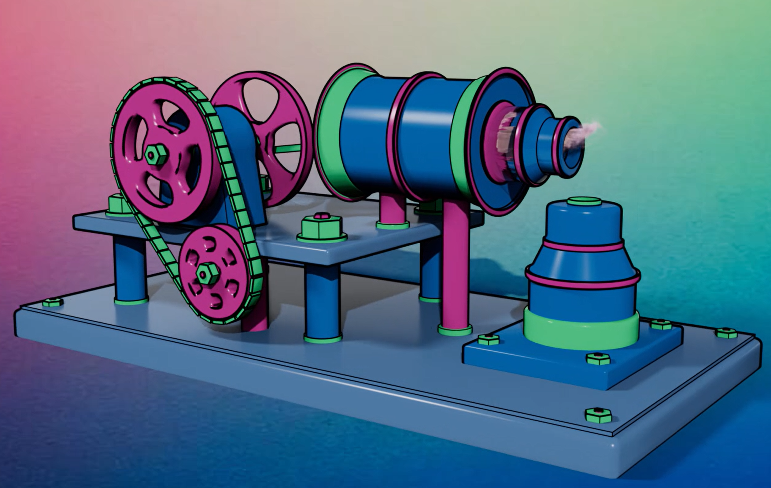 Stylized 3D steam engine with pink pulleys, a green belt, and a blue boiler