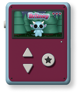 Virtual pet device showing a small blue creature named Britney in a pine forest