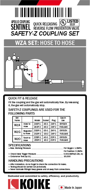 Packaging insert back: hose-to-hose diagram, specifications, and handling precautions