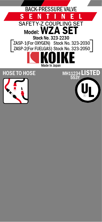 Packaging insert front: Sentinel Safety-Z coupling set, WZA set, hose to hose