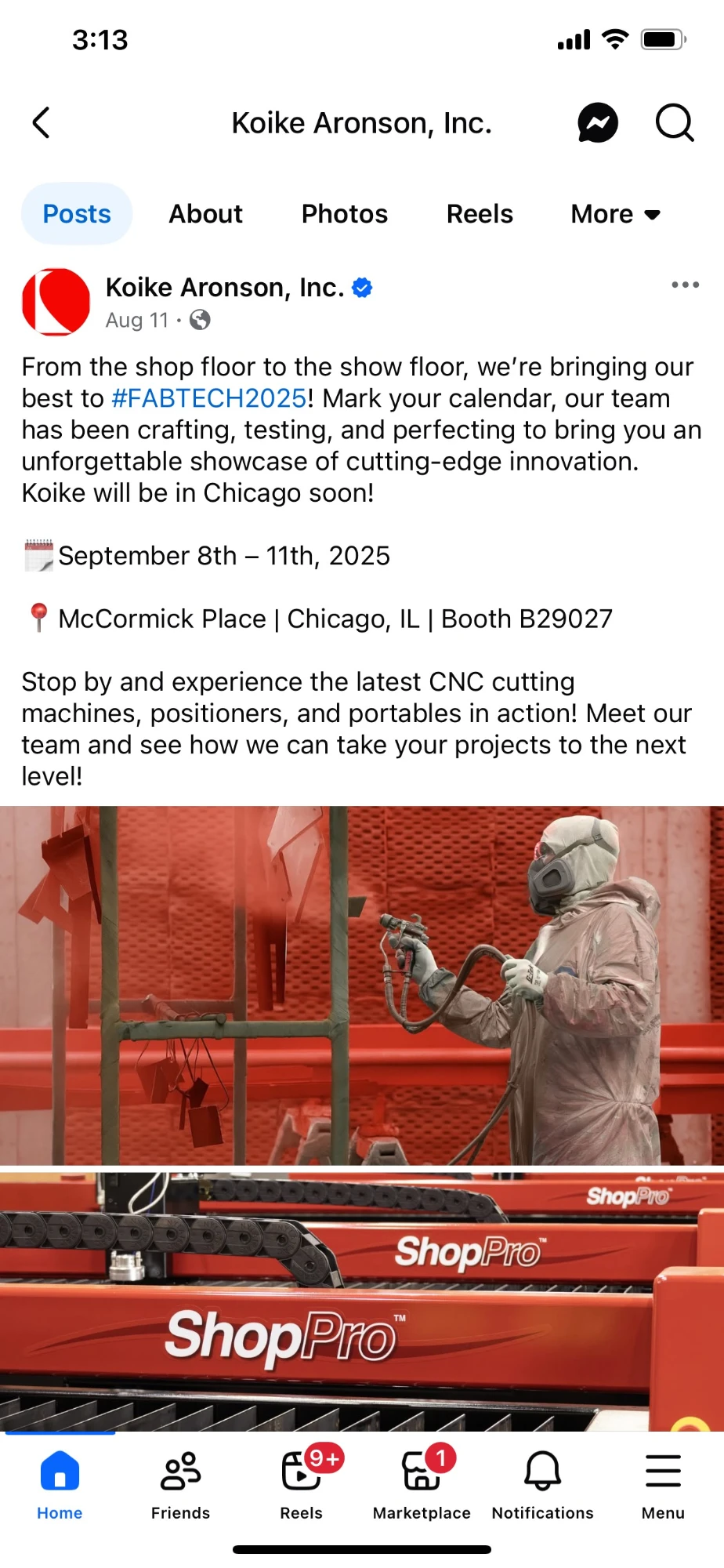 Koike Aronson Facebook post announcing Fabtech 2025, booth B29027, with ShopPro photos
