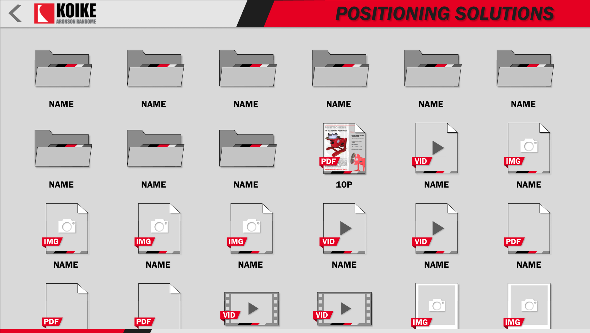 Positioning Solutions display screen: a grid of folders and PDF, video, and image files