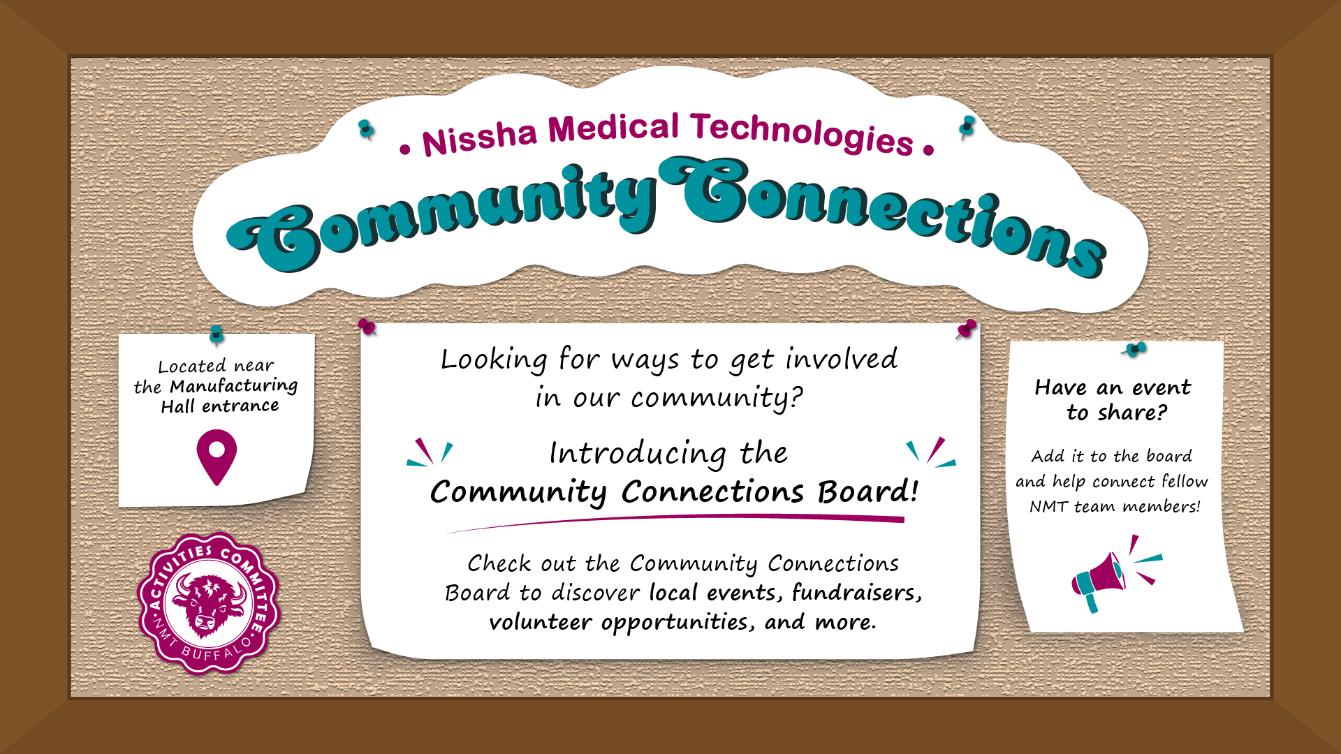 Community Connections board announcement TV slide
