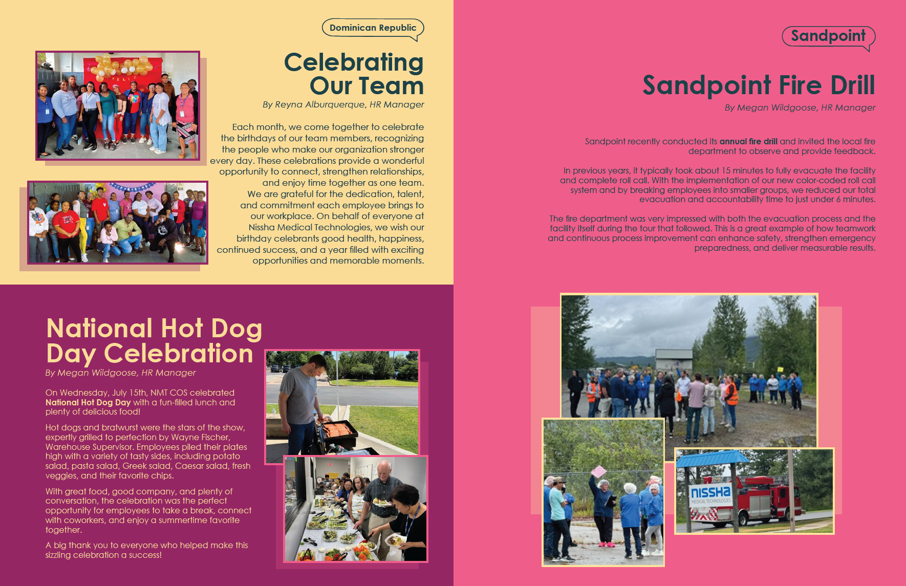 The ONE newsletter spread: Celebrating Our Team, Sandpoint Fire Drill, and National Hot Dog Day