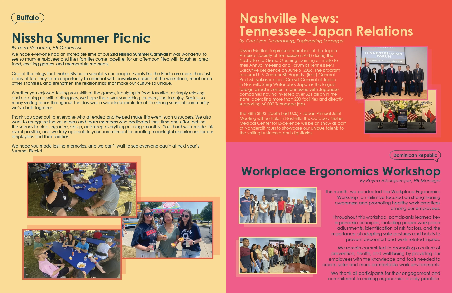 The ONE newsletter spread: Nissha Summer Picnic, Nashville News, and Workplace Ergonomics Workshop