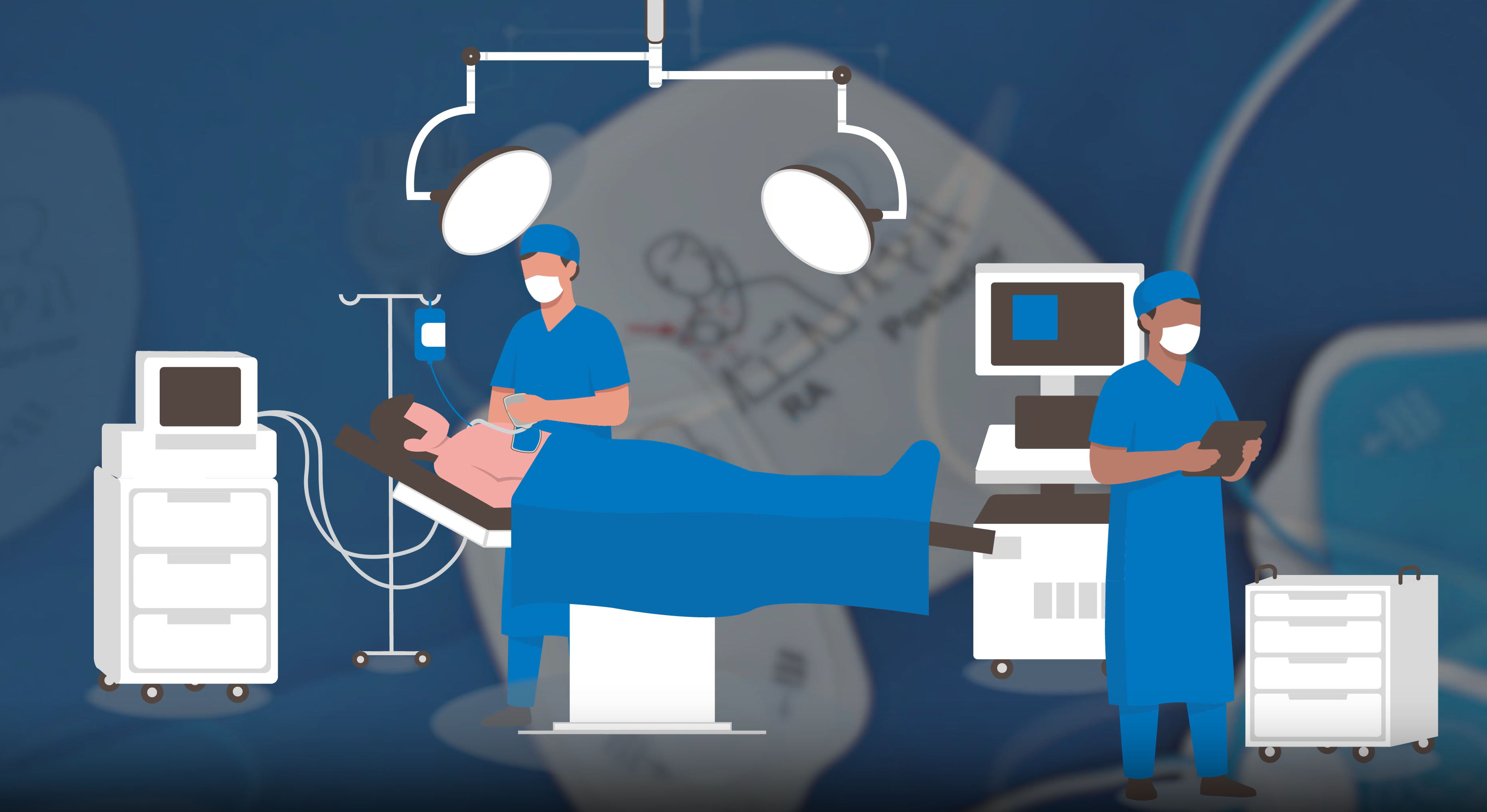 Operating room scene with surgeons, patient, and monitors