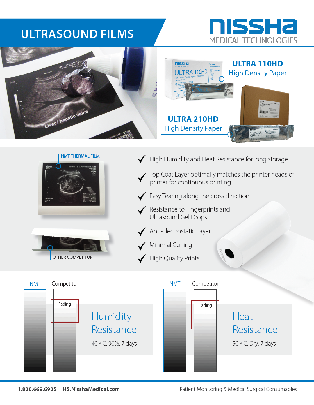 Ultrasound Films sell sheet: Ultra 110HD and 210HD, features, and humidity and heat resistance comparison