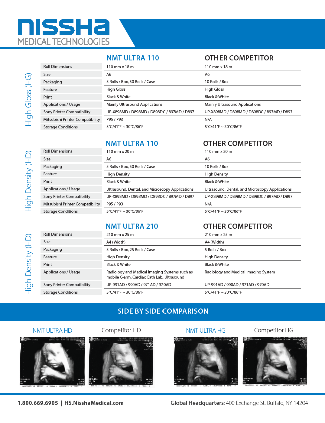 Ultrasound Films spec sheet: NMT Ultra 110 and 210 versus competitor tables and side-by-side print comparison